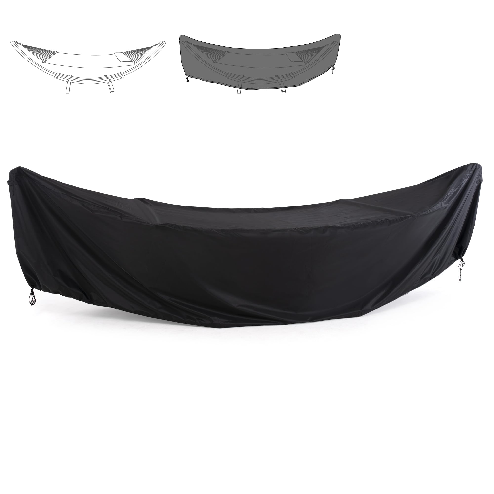SUNCREAT front view showing full cover protecting hammock stand and weather resistance