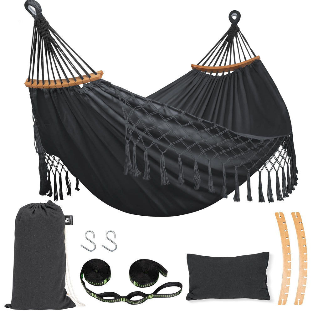 SUNCREAT dark gray hammock front view showing roomy bed and design for two people