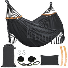 SUNCREAT dark gray hammock front view showing roomy bed and design for two people