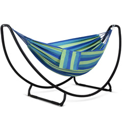 SUNCREAT hammock front packaging showing blue green fabric and stand benefits