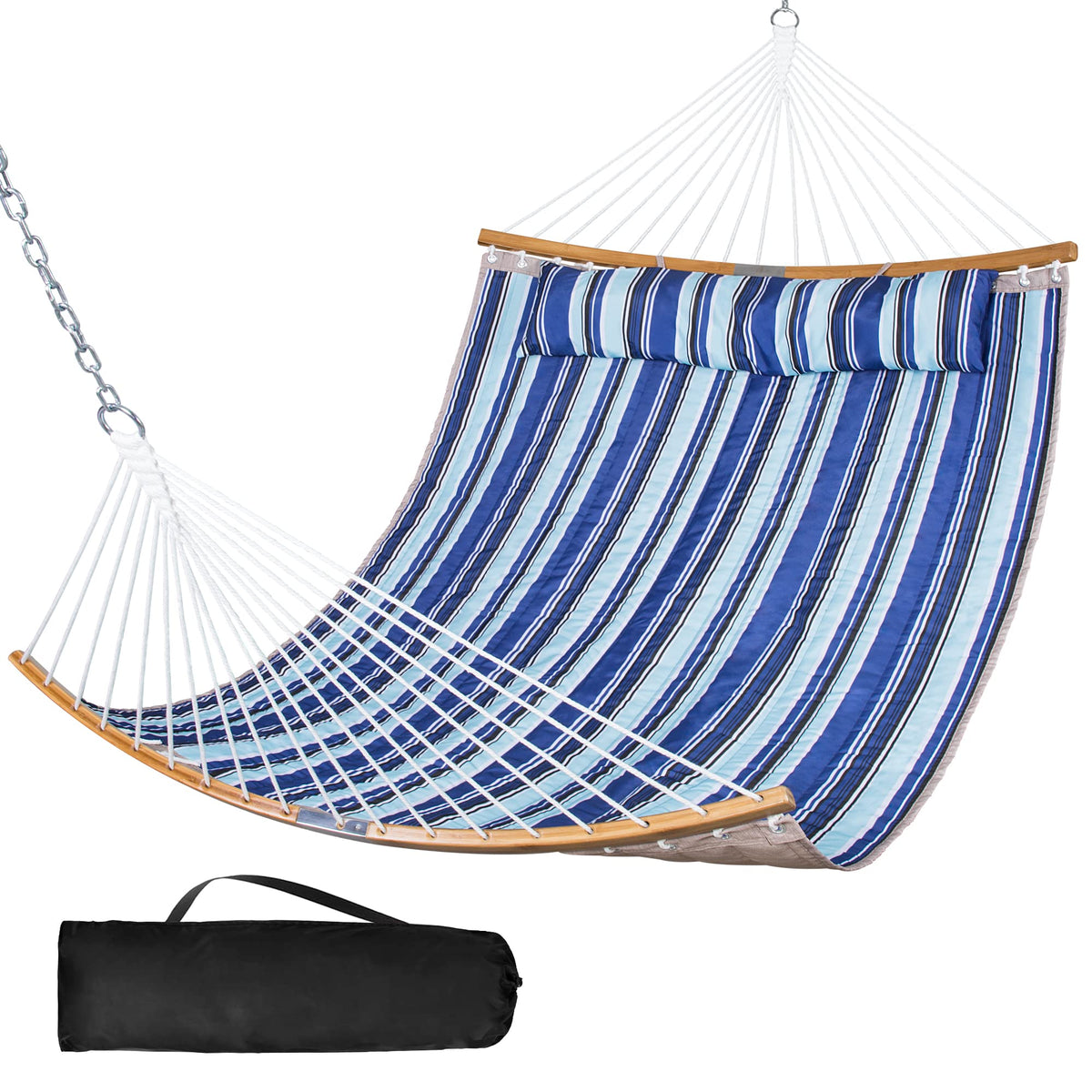SUNCREAT front view blue striped hammock showing full bed and pillow, inviting relaxation