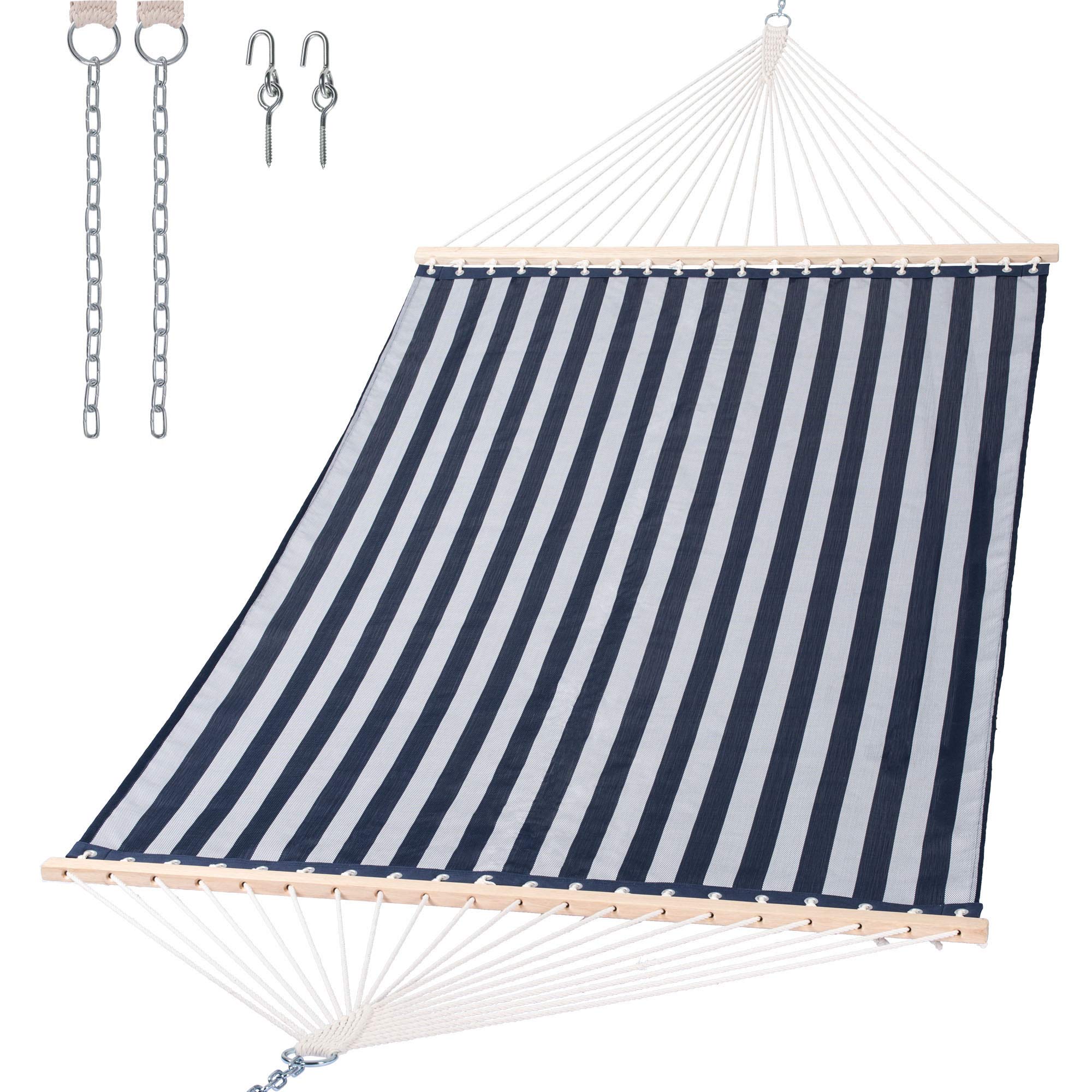 SUNCREAT front view of blue hammock showing full bed and spreader bars for easy lounging