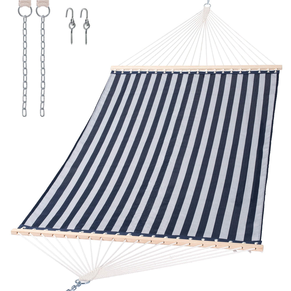 SUNCREAT front view of blue hammock showing full bed and spreader bars for easy lounging