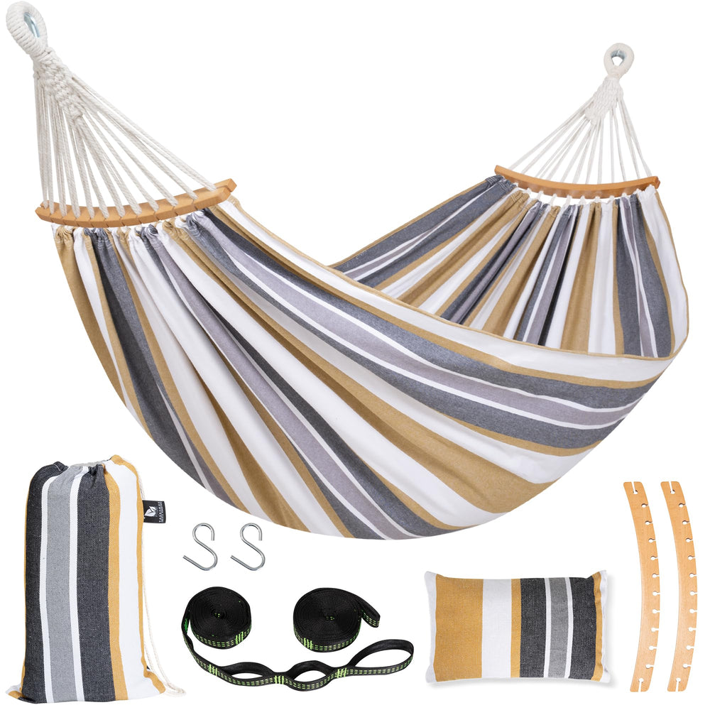 SUNCREAT hammock front view showing coffee color and roomy two-person design