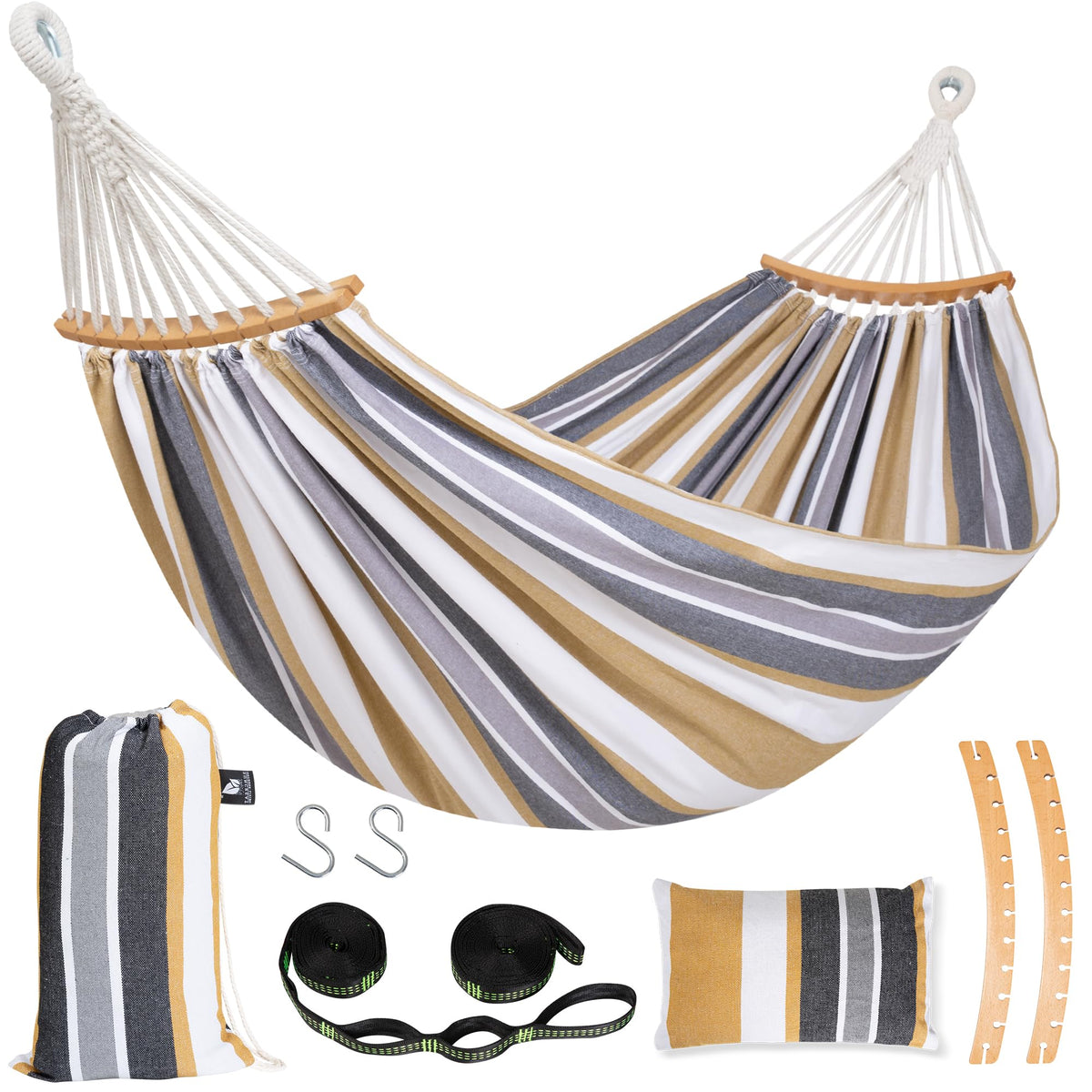 SUNCREAT hammock front view showing coffee color and roomy two-person design