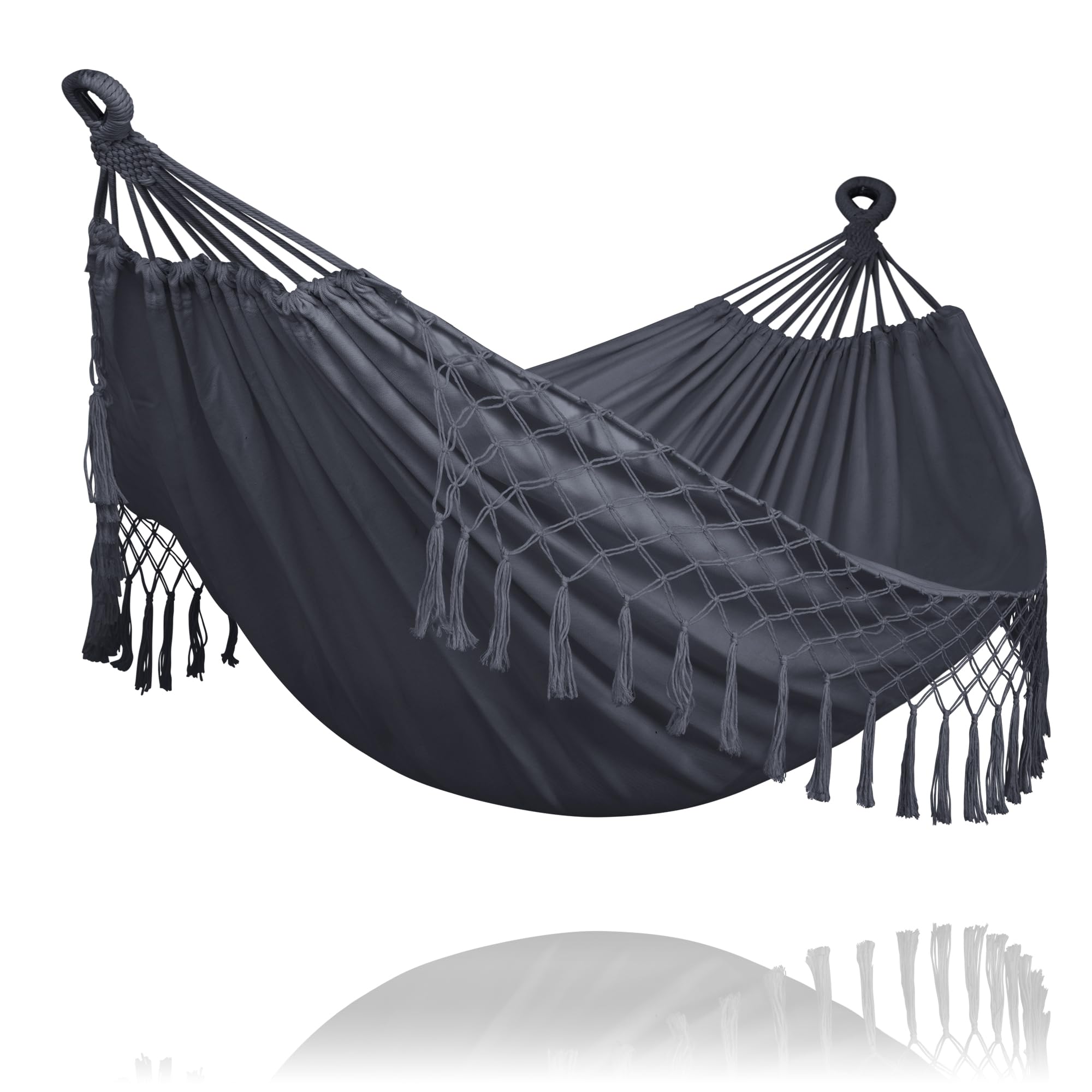 SUNCREAT front view dark gray double hammock showing full bed and tassels for comfortable lounging