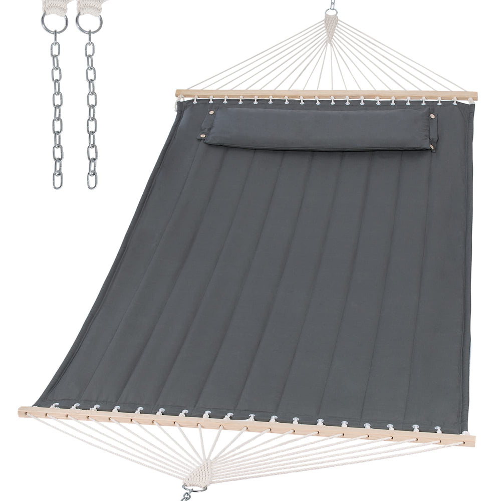 SUNCREAT front view of gray two-person quilted hammock showing padded bed and spreader bars, inviting relaxation