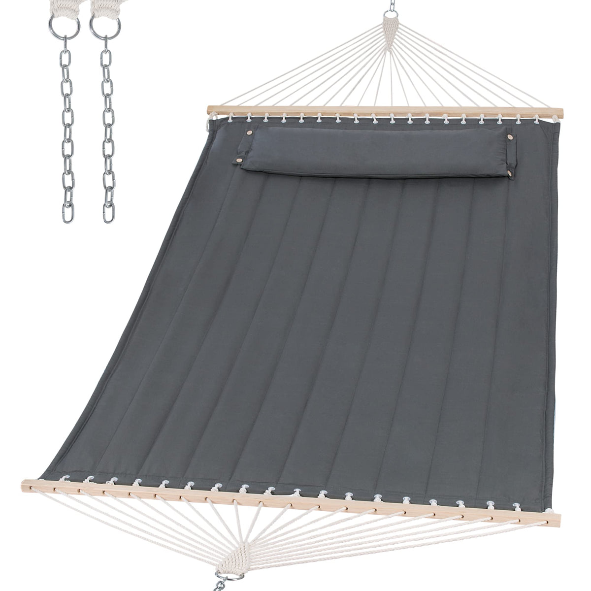 SUNCREAT front view of gray two-person quilted hammock showing padded bed and spreader bars, inviting relaxation