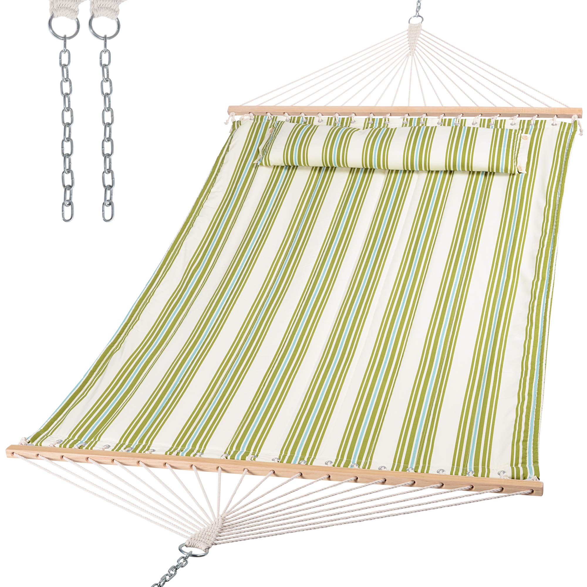 SUNCREAT front view showing green beige quilted double hammock comfort