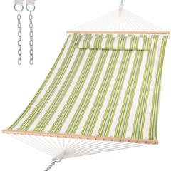 SUNCREAT front view showing green beige quilted double hammock comfort