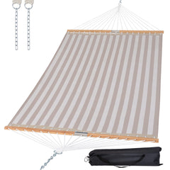 SUNCREAT hammock front view showing light gray stripes and roomy double bed comfort