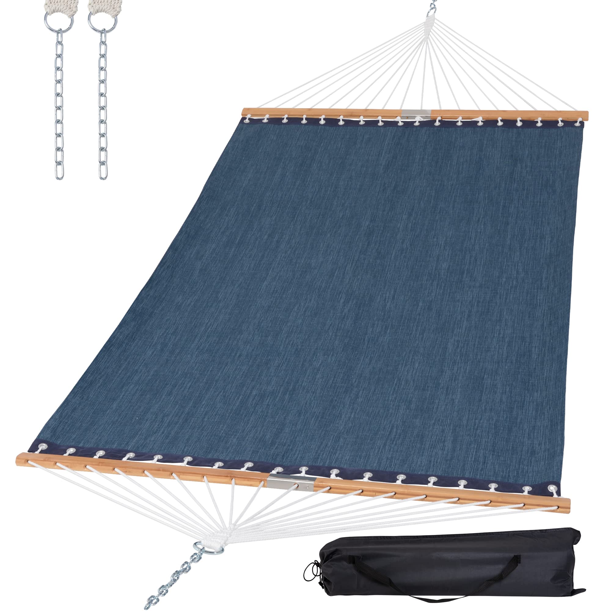 SUNCREAT front view hammock in navy showing roomy bed and easy access benefit