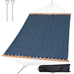 SUNCREAT front view hammock in navy showing roomy bed and easy access benefit