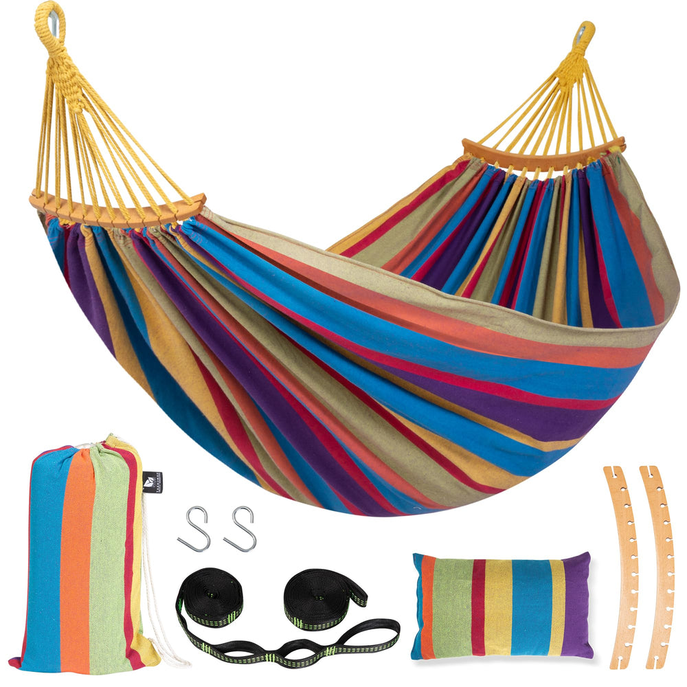 SUNCREAT front view rainbow hammock showing roomy two-person bed and spreader bars