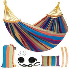 SUNCREAT front view rainbow hammock showing roomy two-person bed and spreader bars