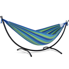 SUNCREAT front view of hammock kit showing striped bed and stand for instant setup