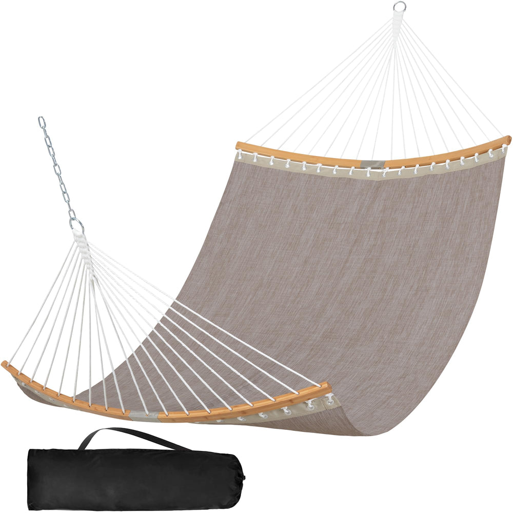 SUNCREAT front view of coffee hammock showing full spreader bar and bed comfort