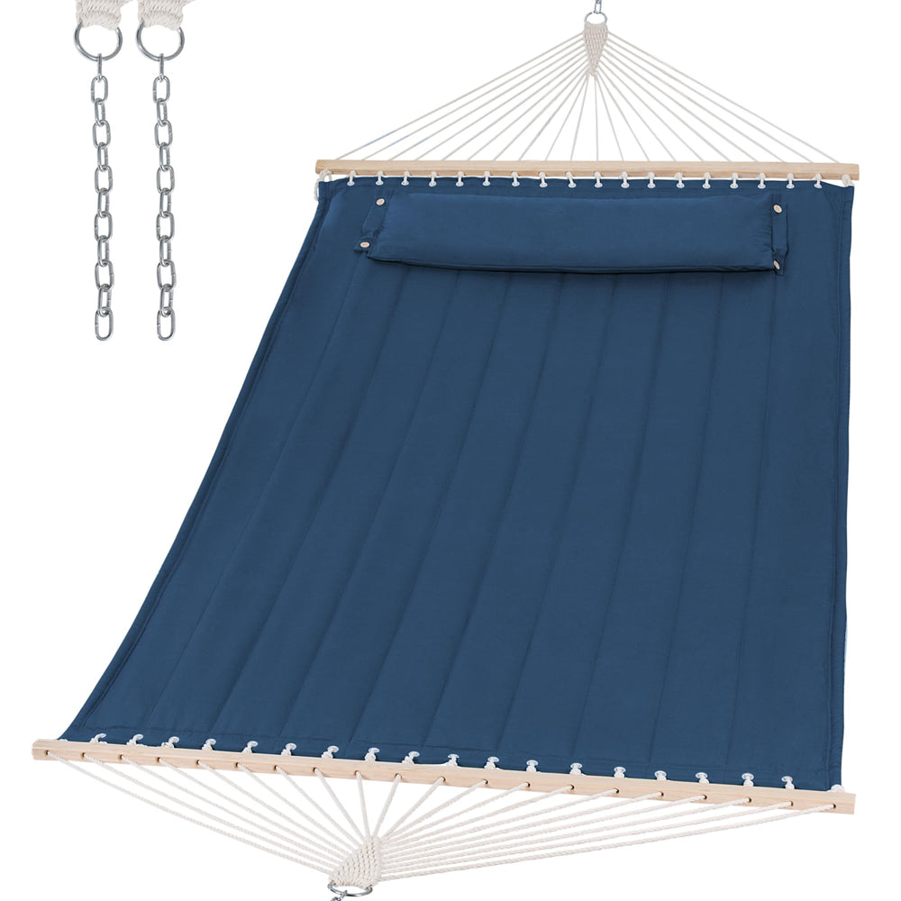 SUNCREAT hammock front view showing navy quilted comfort and durable finish