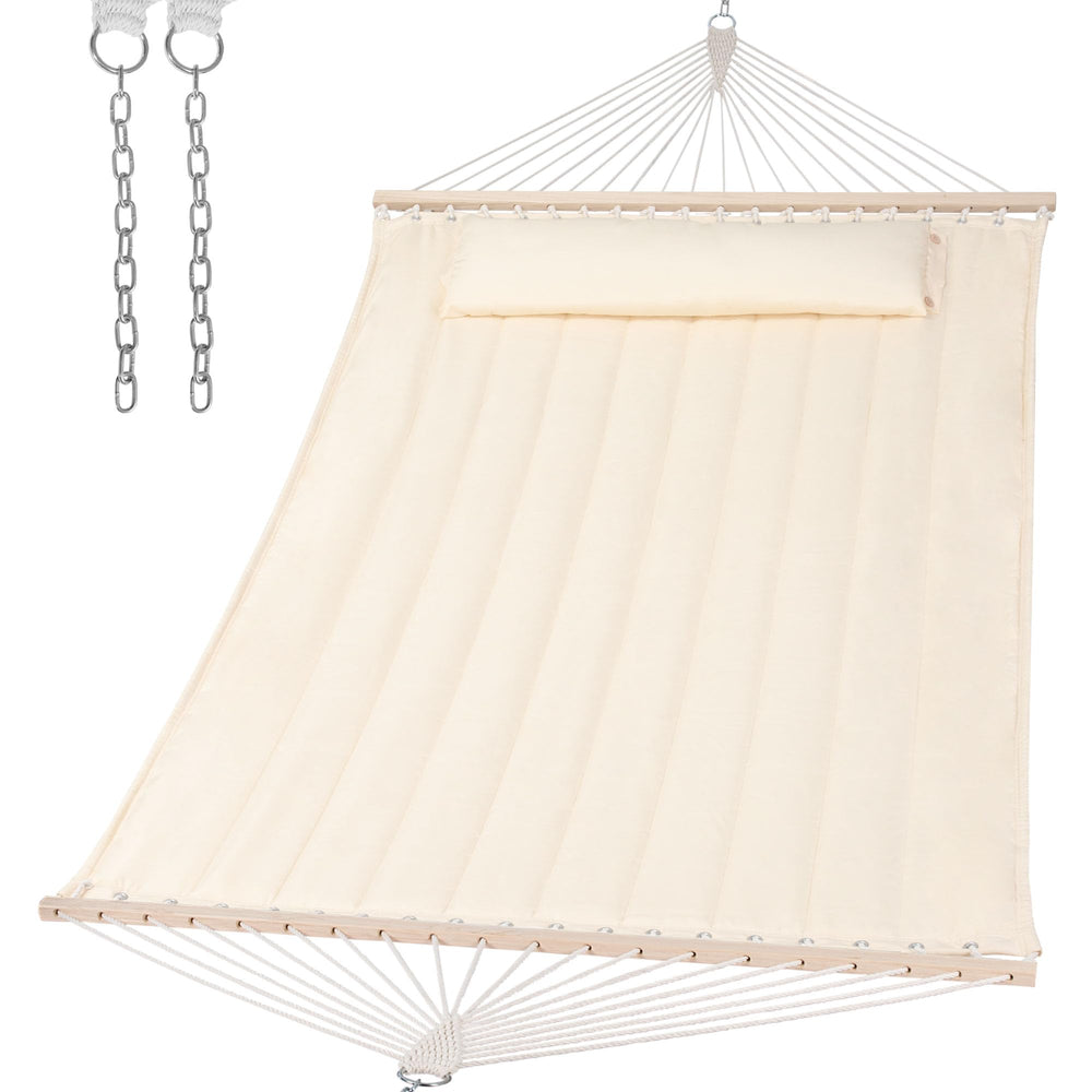SUNCREAT front view of beige hammock showing full bed and spreader bars for comfortable lounging