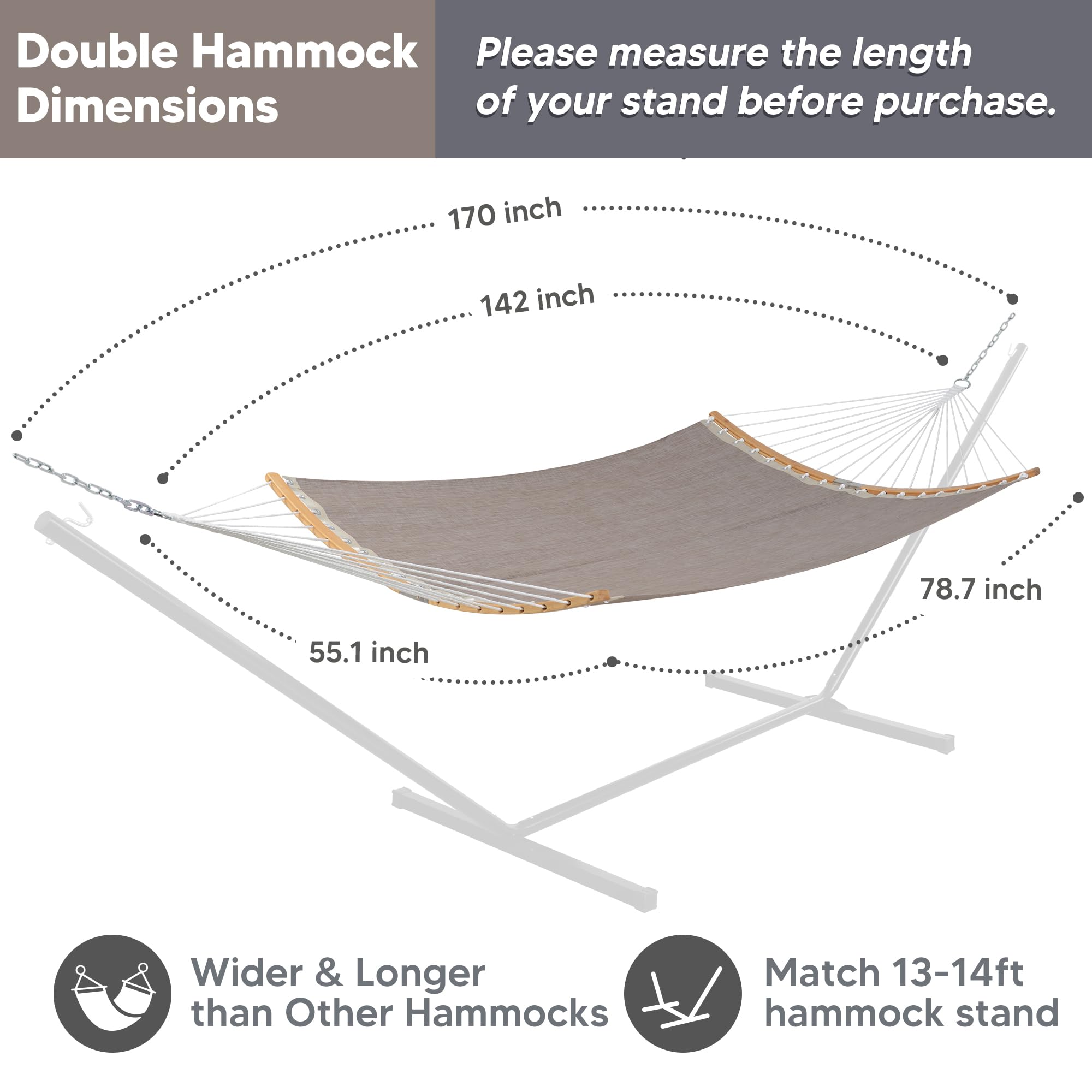 SUNCREAT hammock hanging between posts showing included chains and secure fit