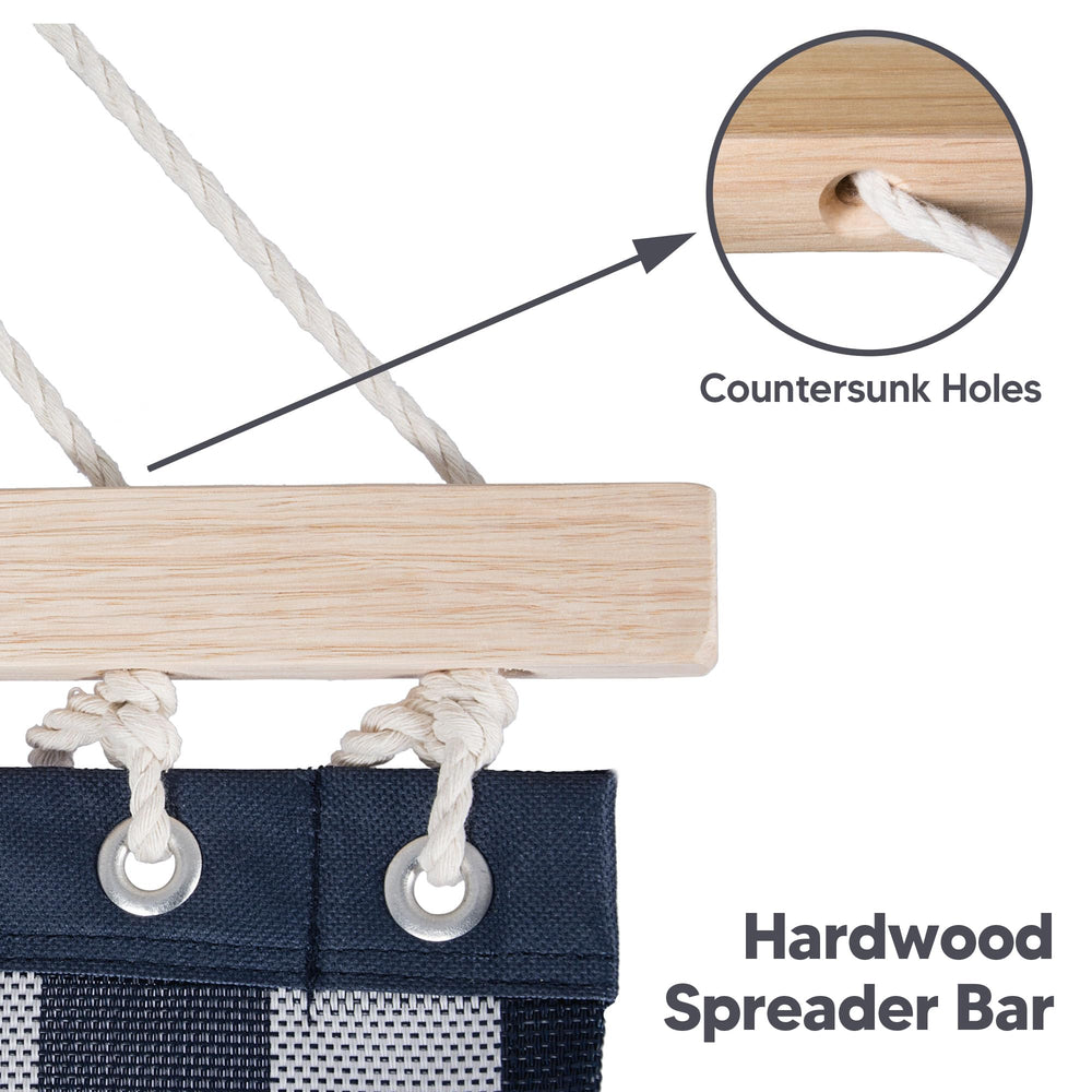 SUNCREAT detail of 55-inch hardwood spreader bar showing countersunk holes for reduced friction