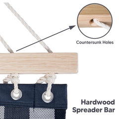 SUNCREAT detail of 55-inch hardwood spreader bar showing countersunk holes for reduced friction