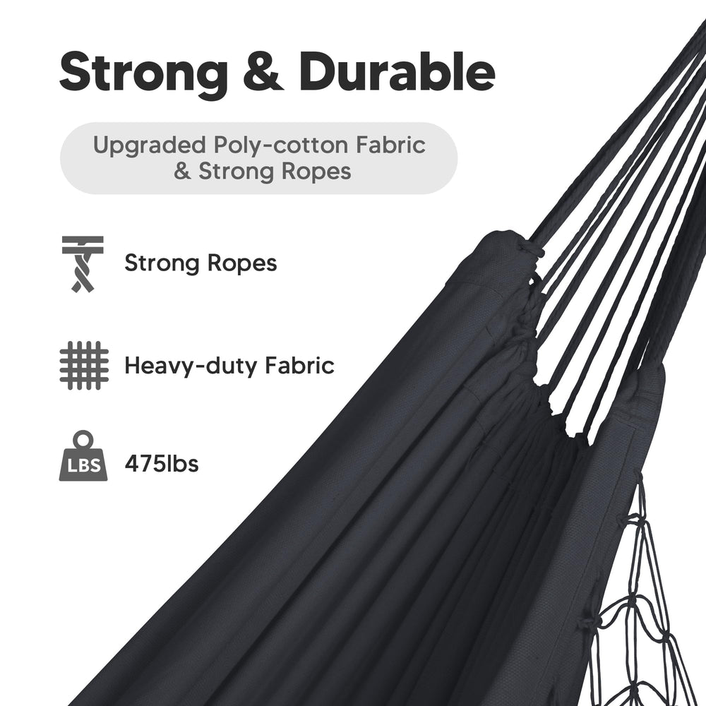 SUNCREAT hammock hung in backyard illustrating portable setup and relaxation benefit