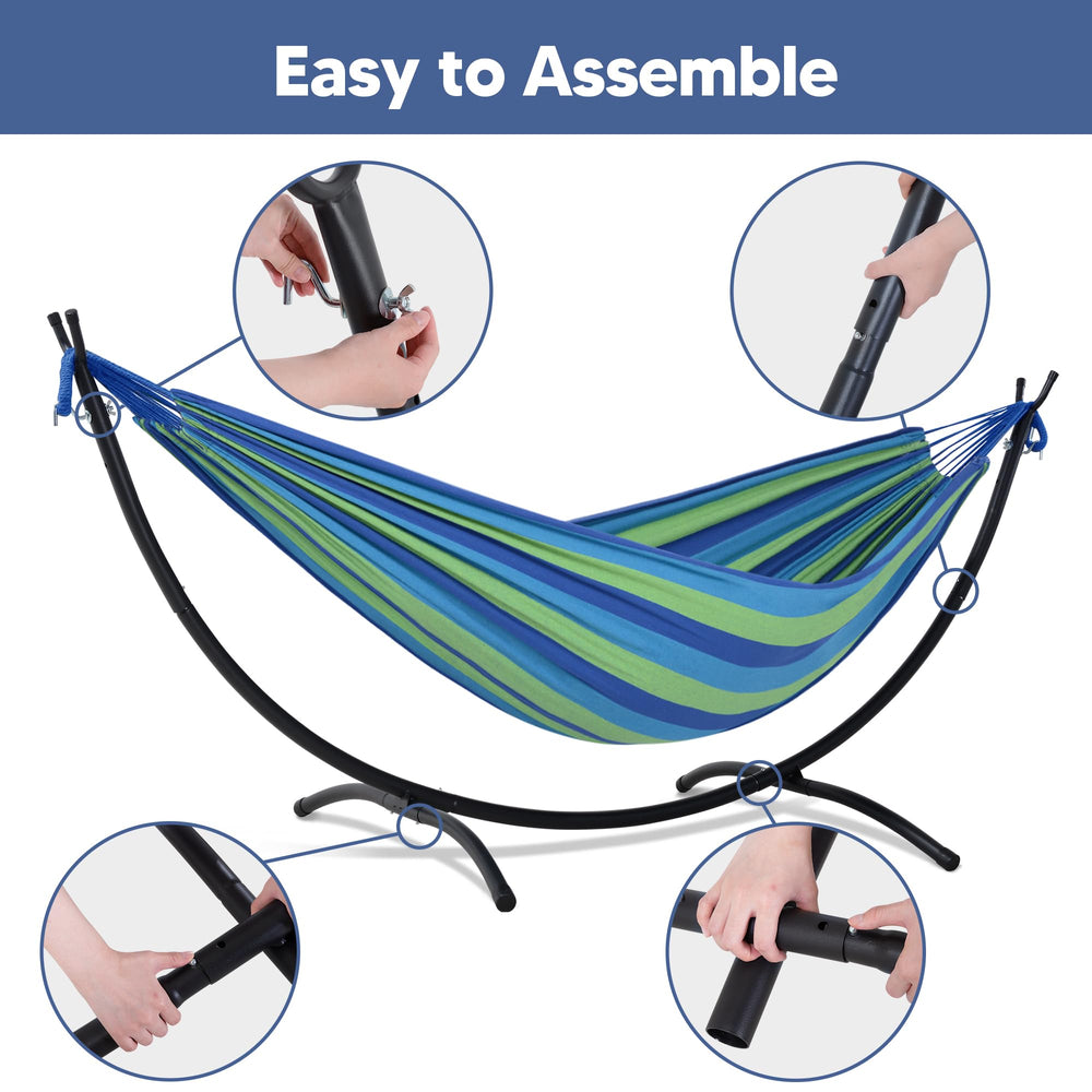 SUNCREAT hammock in use on a backyard lawn showing comfortable lounging benefit