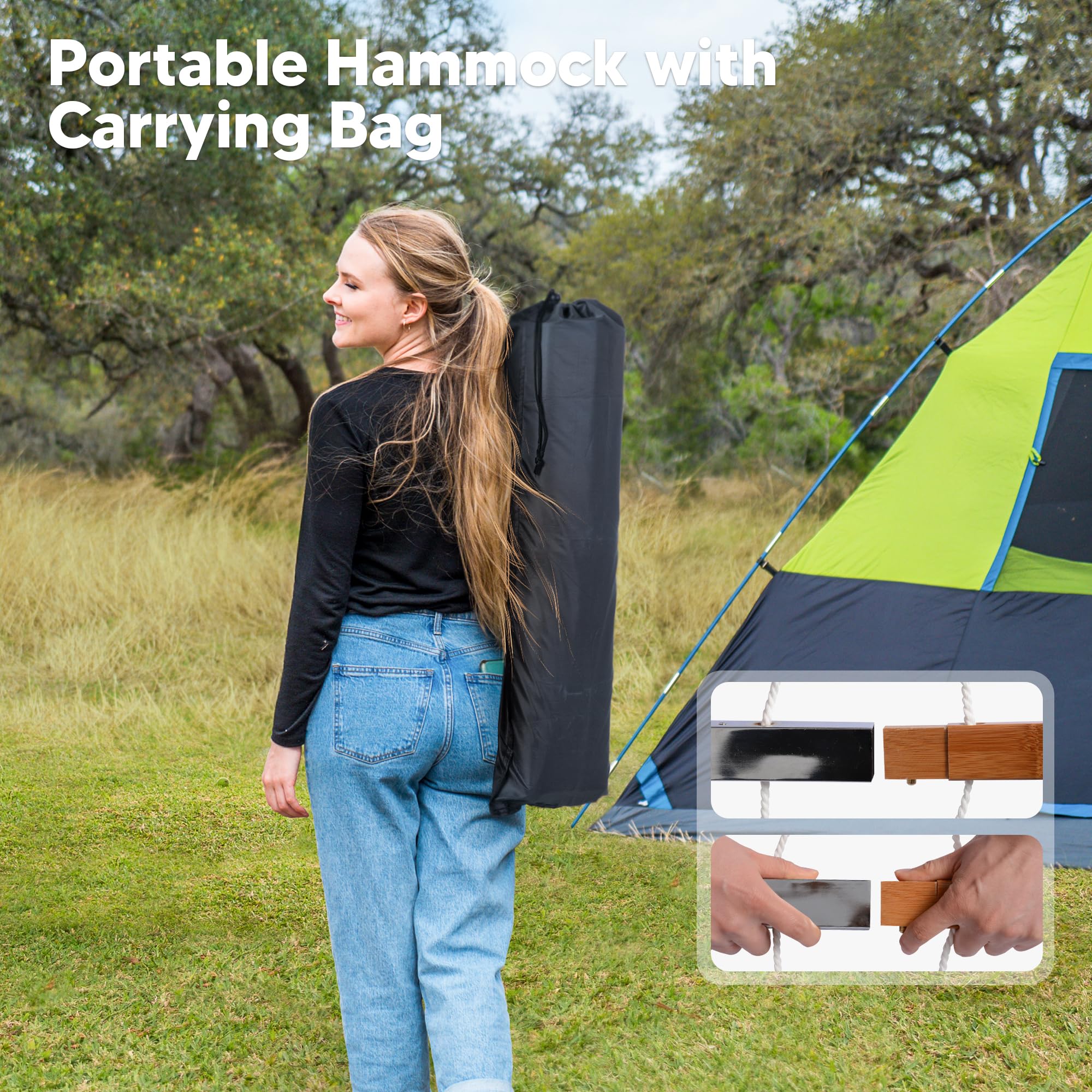 SUNCREAT folded hammock in carry bag for easy transport and compact storage