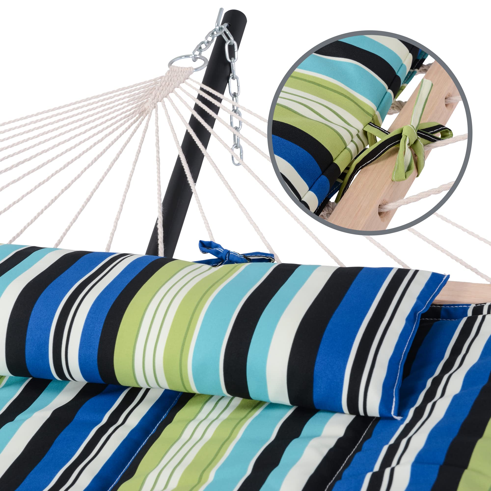 SUNCREAT pad in use on a porch hammock demonstrating shared lounging comfort