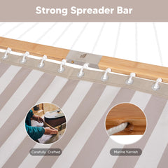 SUNCREAT spreader bar detail showing 55-inch wood bar and countersunk holes for stability