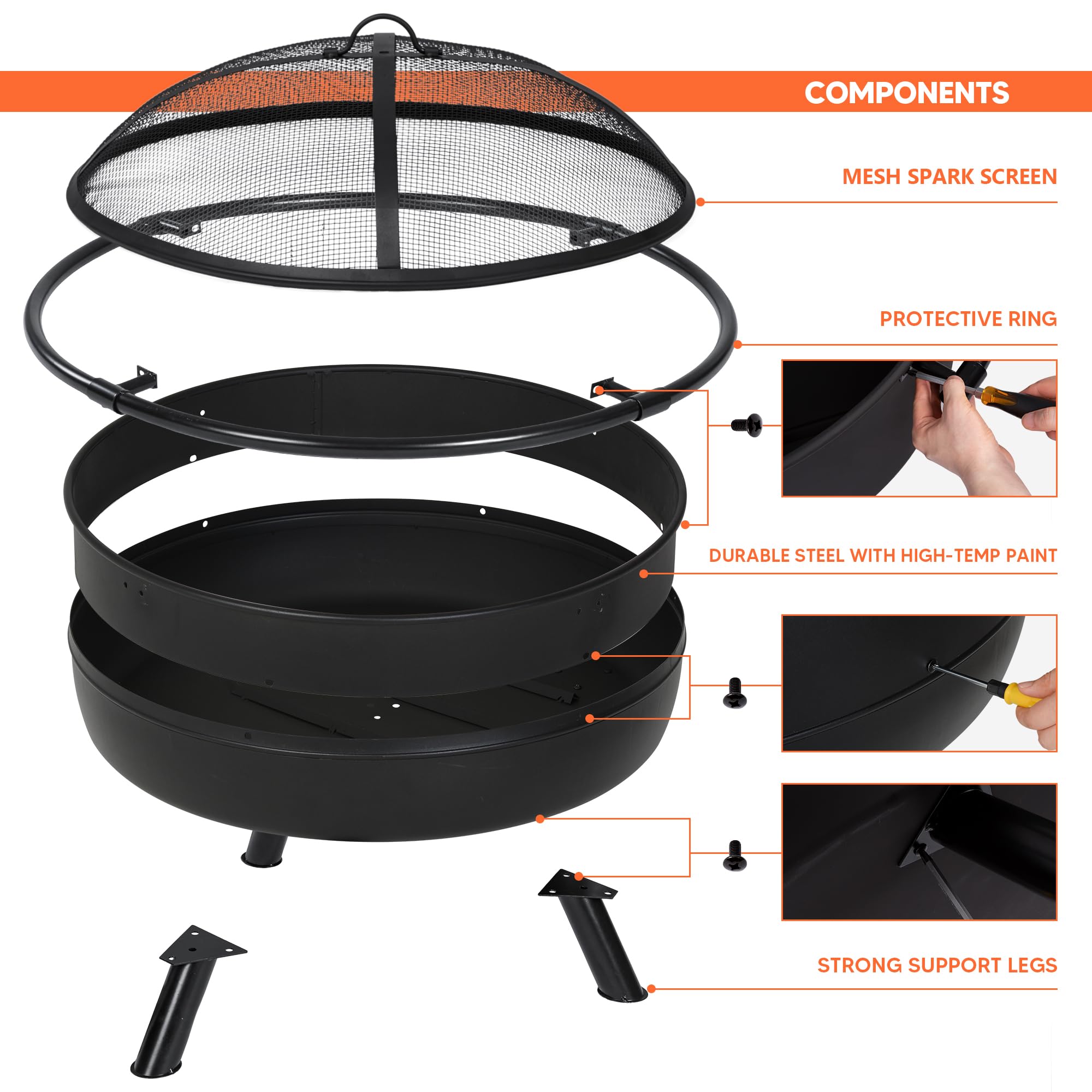 SUNCREAT included fire poker beside pit for safe wood handling and control