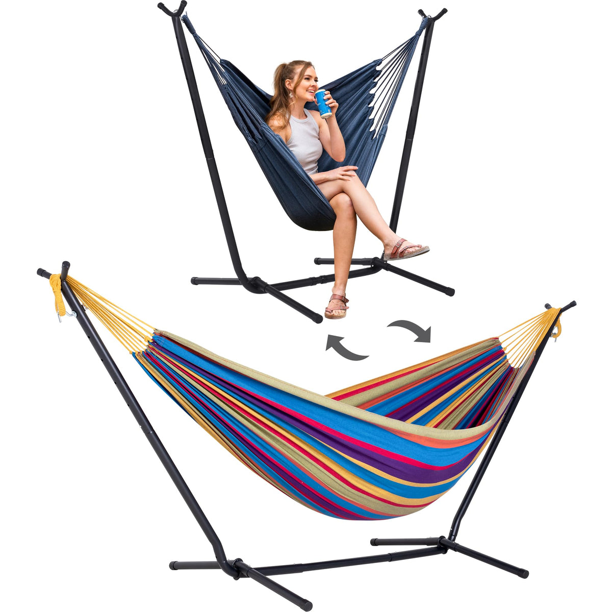 SUNCREAT full setup front view showing rainbow hammock and convertible stand, brightening outdoor space