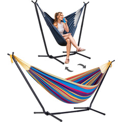 SUNCREAT full setup front view showing rainbow hammock and convertible stand, brightening outdoor space