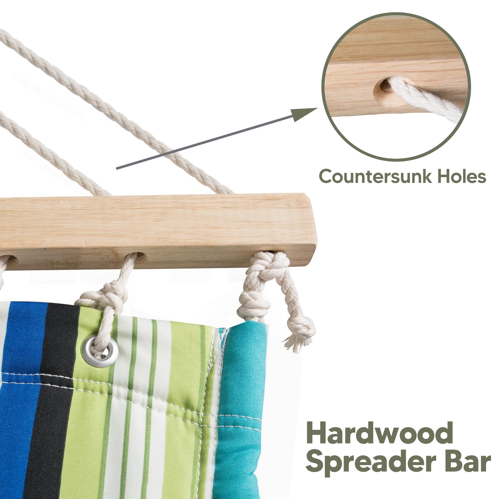 SUNCREAT rope and O-ring attachment showing thick hand-woven ropes and secure chain connection