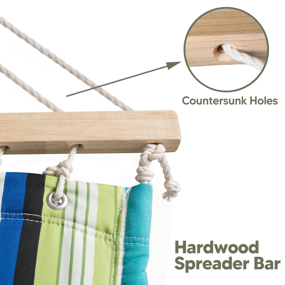 SUNCREAT rope and O-ring attachment showing thick hand-woven ropes and secure chain connection