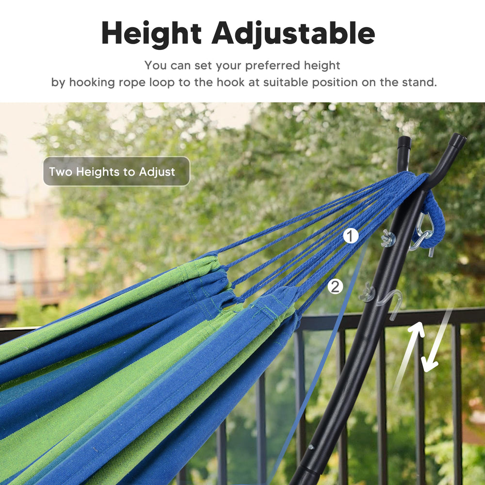 SUNCREAT hammock next to patio chair showing spacious double-bed size benefit