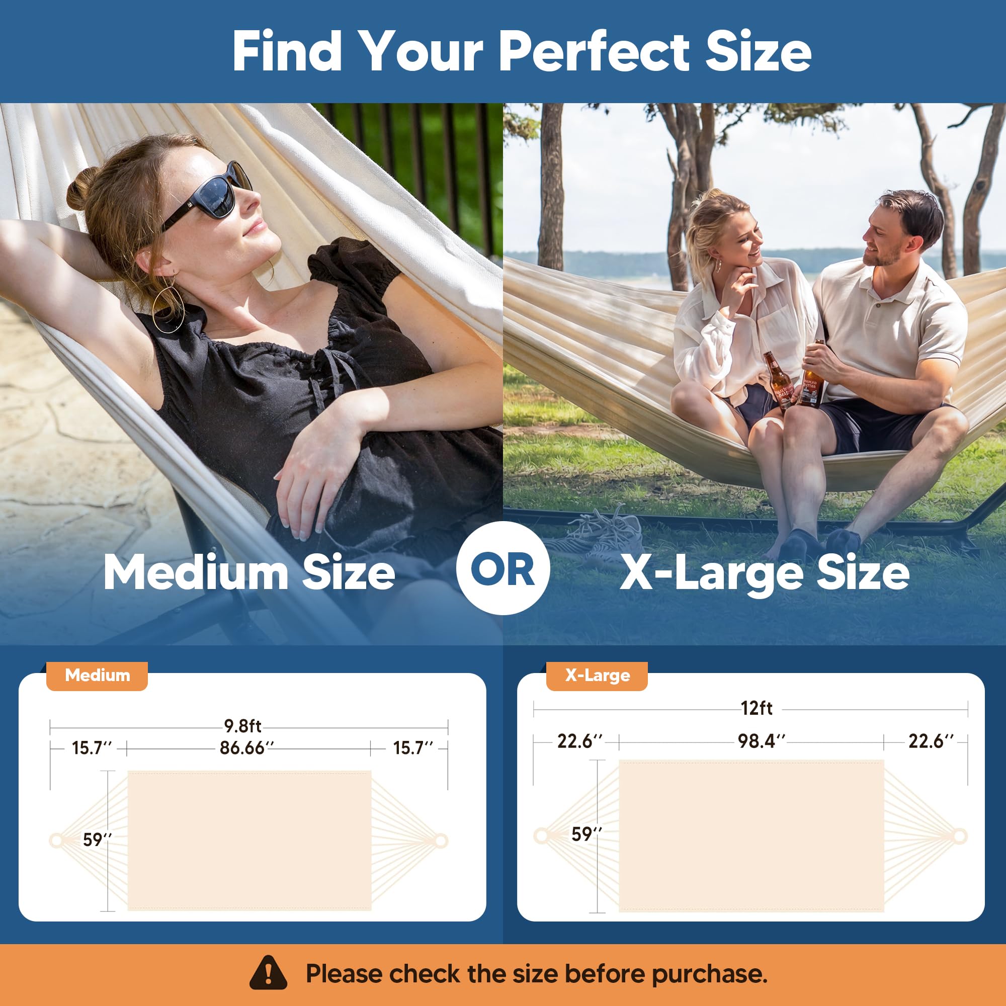 SUNCREAT hammock beside person for scale showing generous bed size benefit
