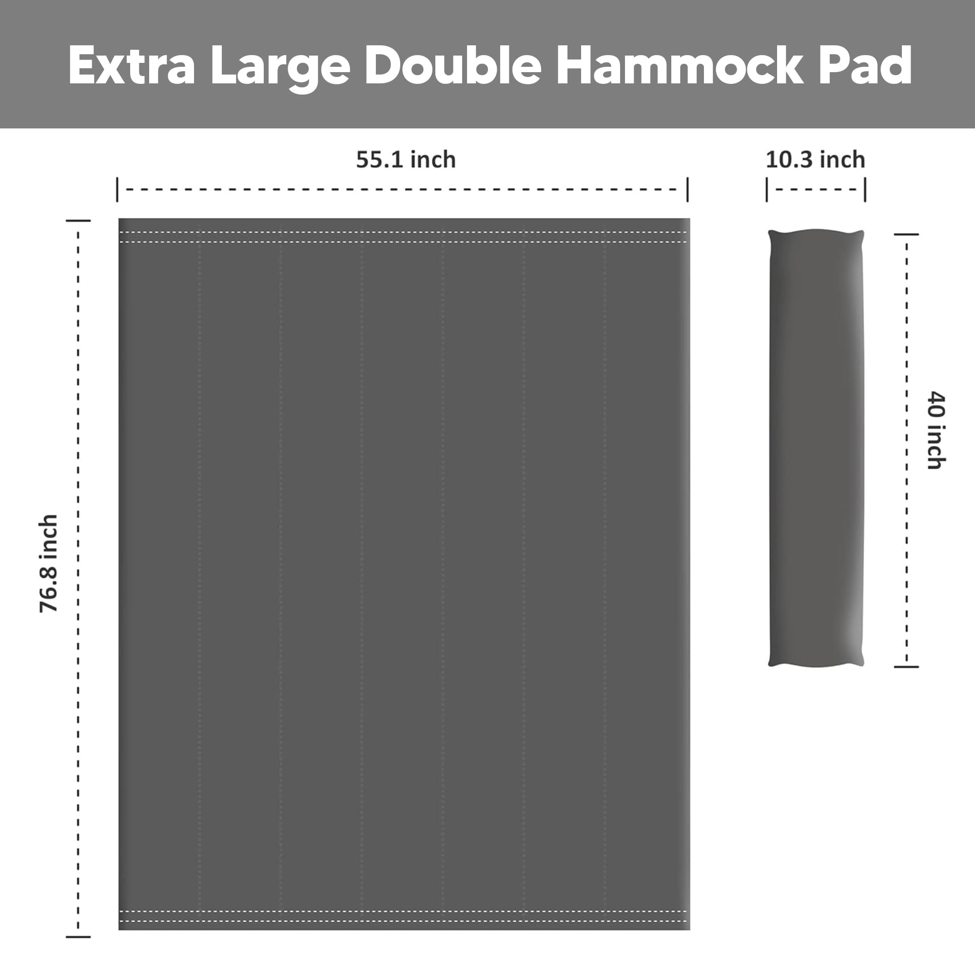 SUNCREAT pad next to measuring tape illustrating 76.8 by 55.1 inch size for two users