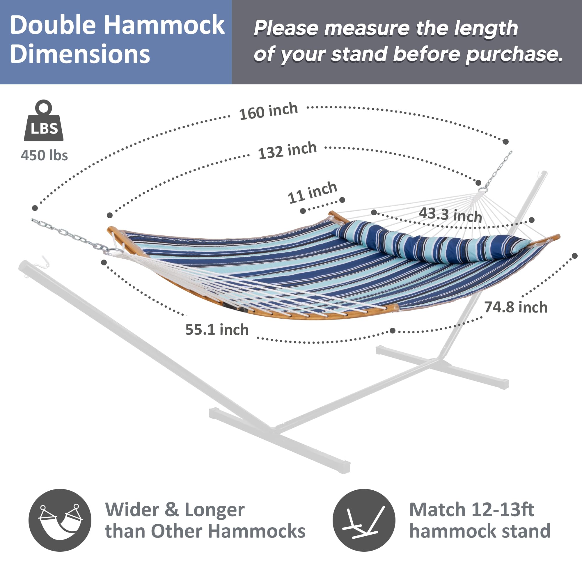 SUNCREAT hammock next to measuring tape showing dimensions and accurate scale