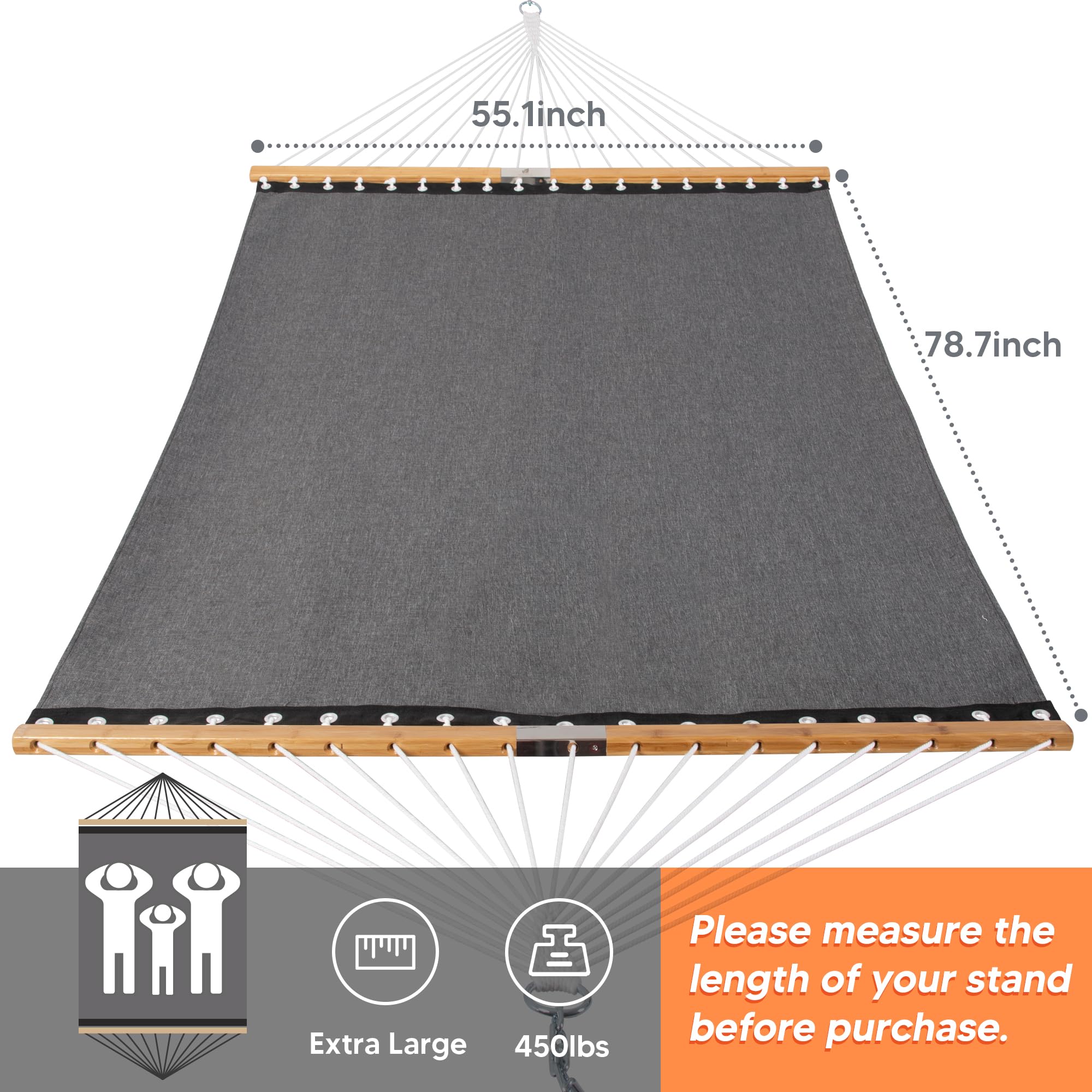 SUNCREAT size comparison with person lying down showing generous double-bed capacity benefit