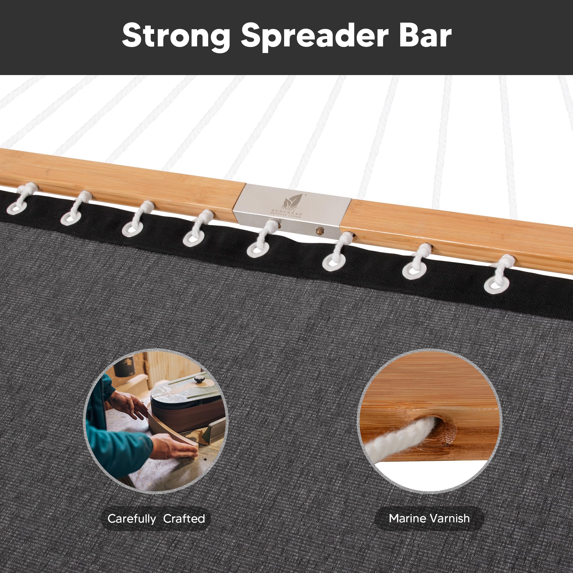SUNCREAT spreader bar detail showing countersunk holes for reduced rope friction and durability