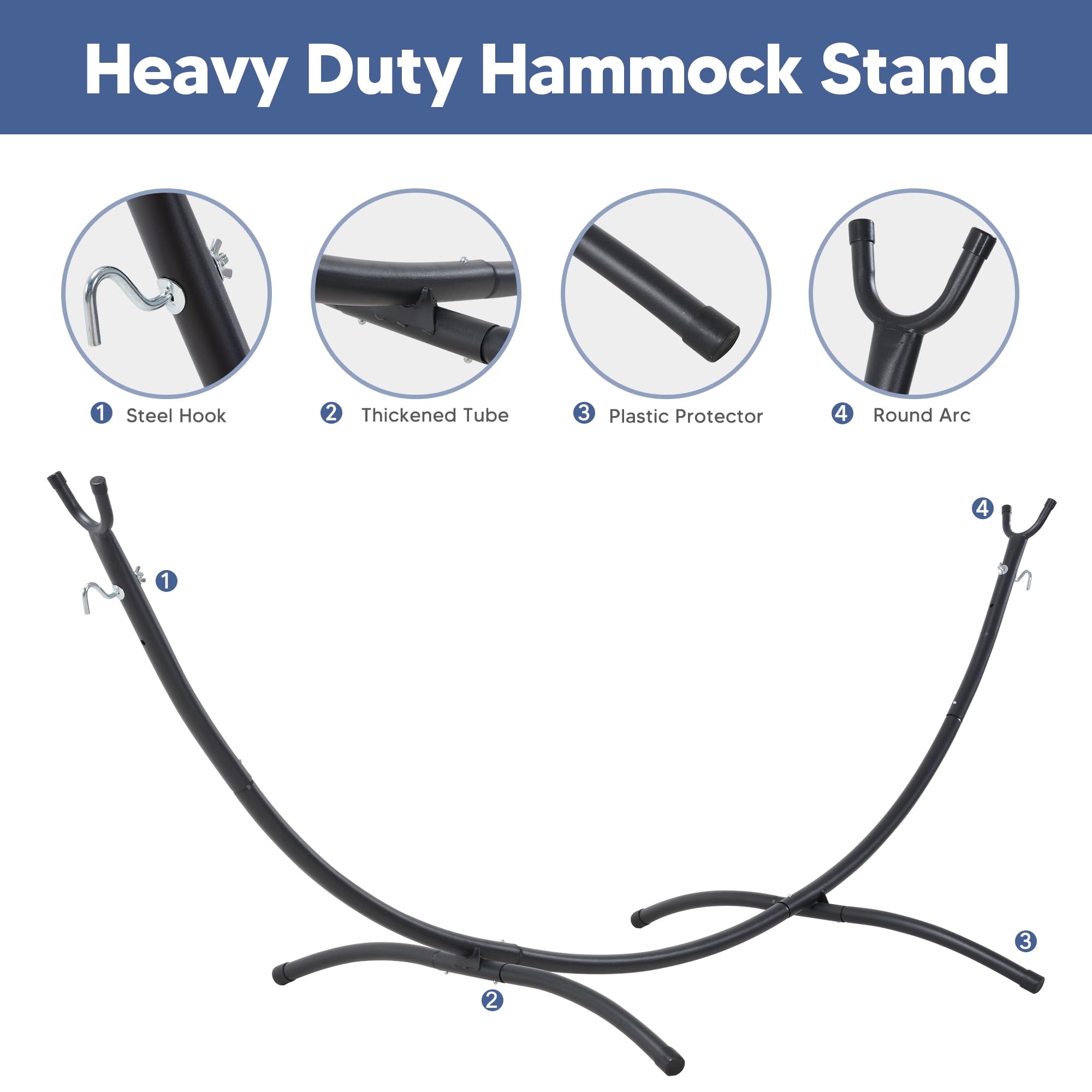 SUNCREAT side view of assembled steel stand showing stable curved frame and footprint