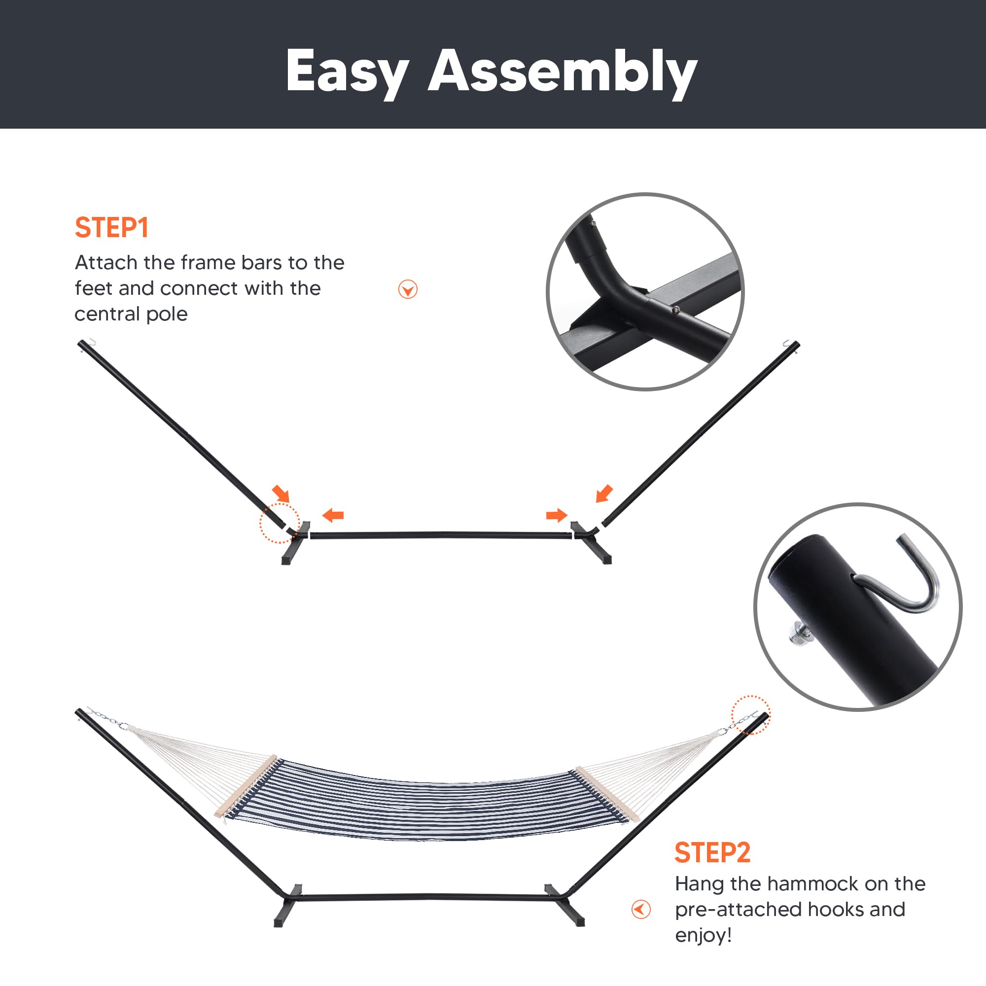 SUNCREAT assembled with hammock showing safe, comfortable lounging setup