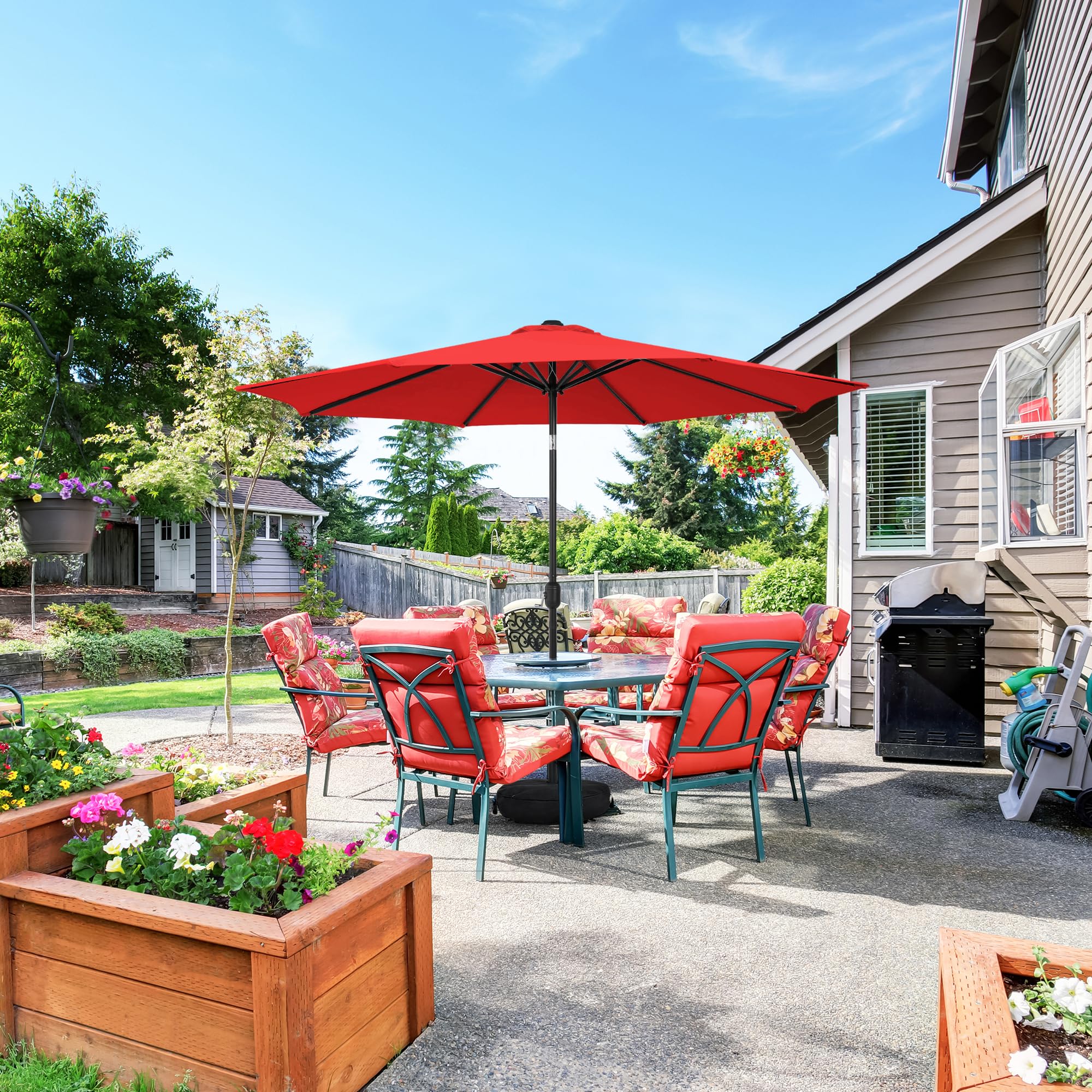 Sundale Outdoor lifestyle patio scene with umbrella in use showing family-friendly shade