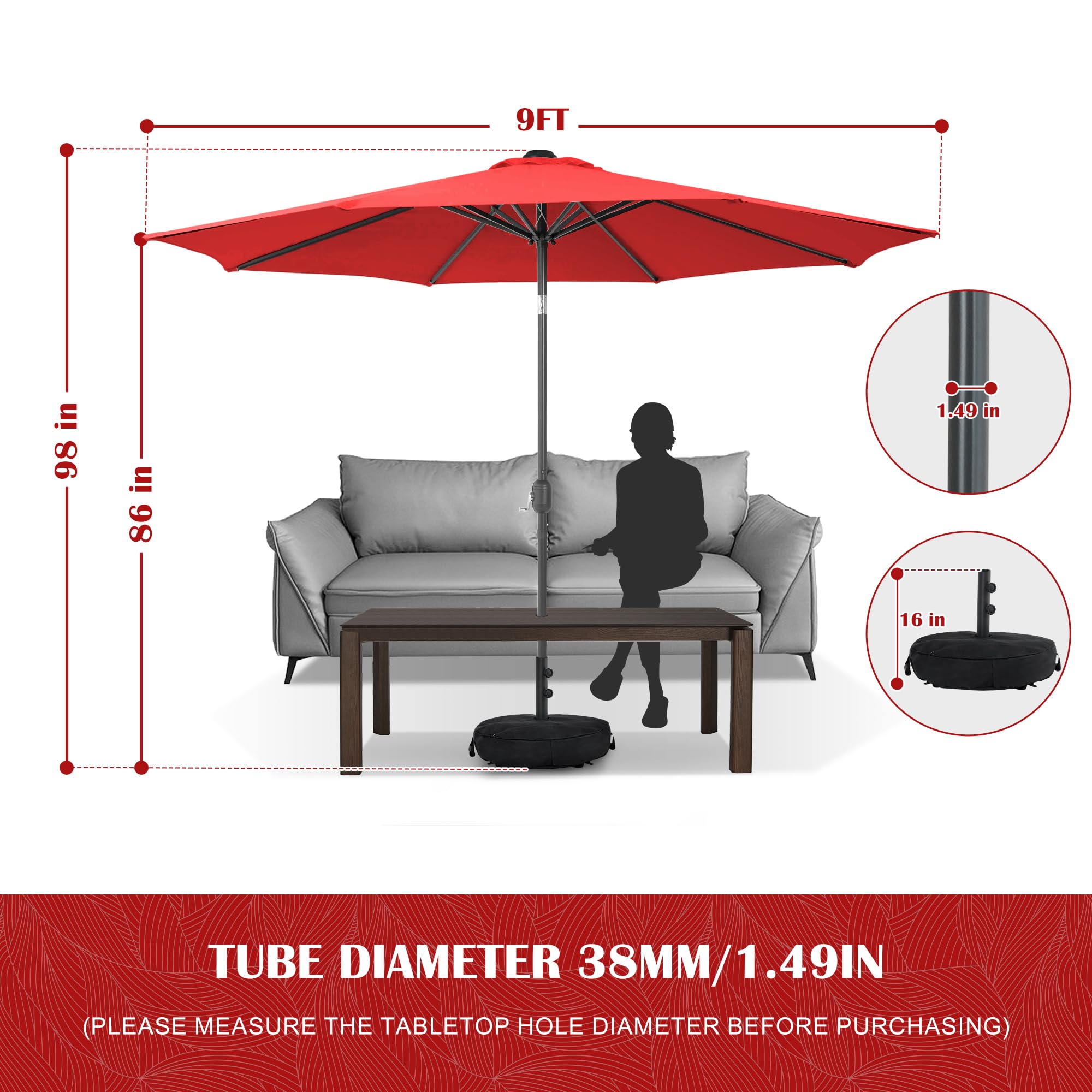 Sundale Outdoor umbrella covering a large dining table demonstrating seating for six to eight