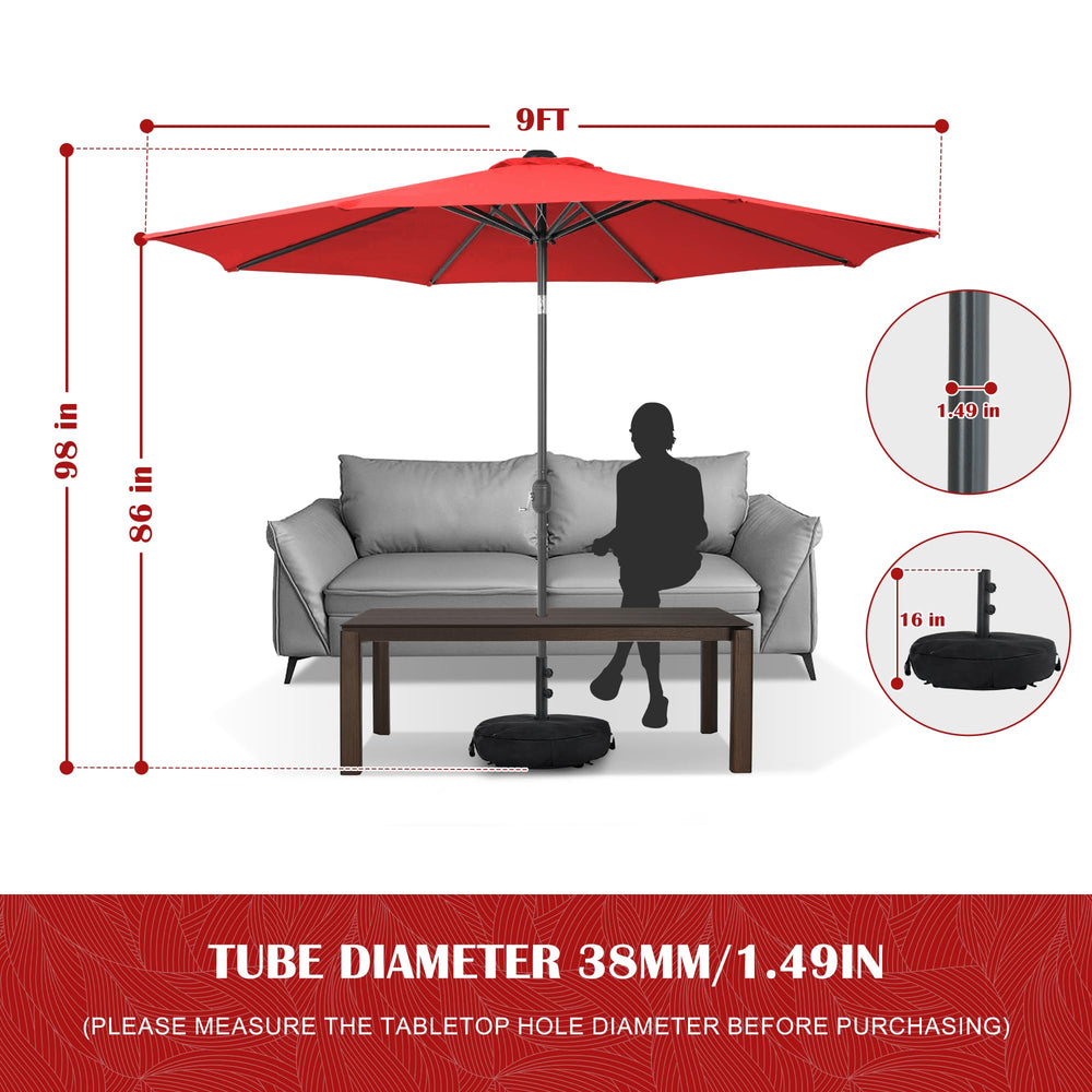 Sundale Outdoor umbrella covering a large dining table demonstrating seating for six to eight