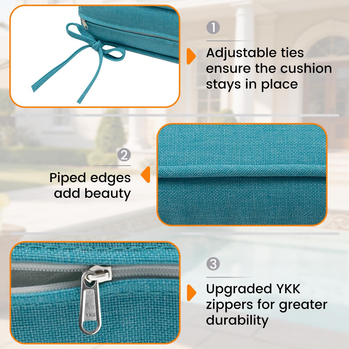 Sundale Outdoor pair of teal cushions installed on patio chaise set for comfort