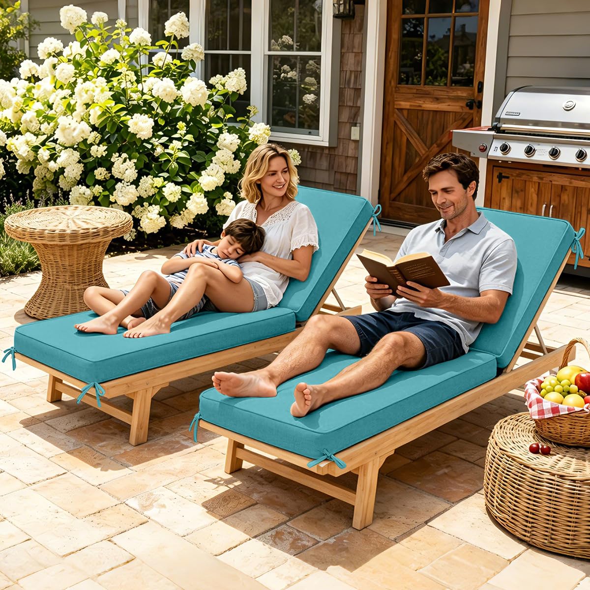 Sundale Outdoor adjustable strap detail securing cushion to chaise for stability
