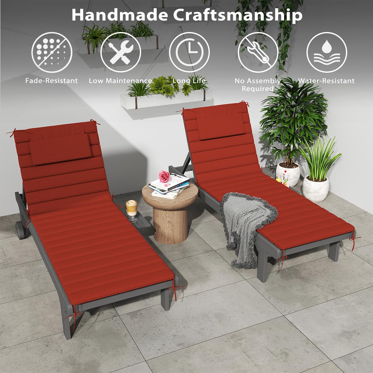 Sundale Outdoor red cushion on patio lounger in lifestyle scene for poolside comfort
